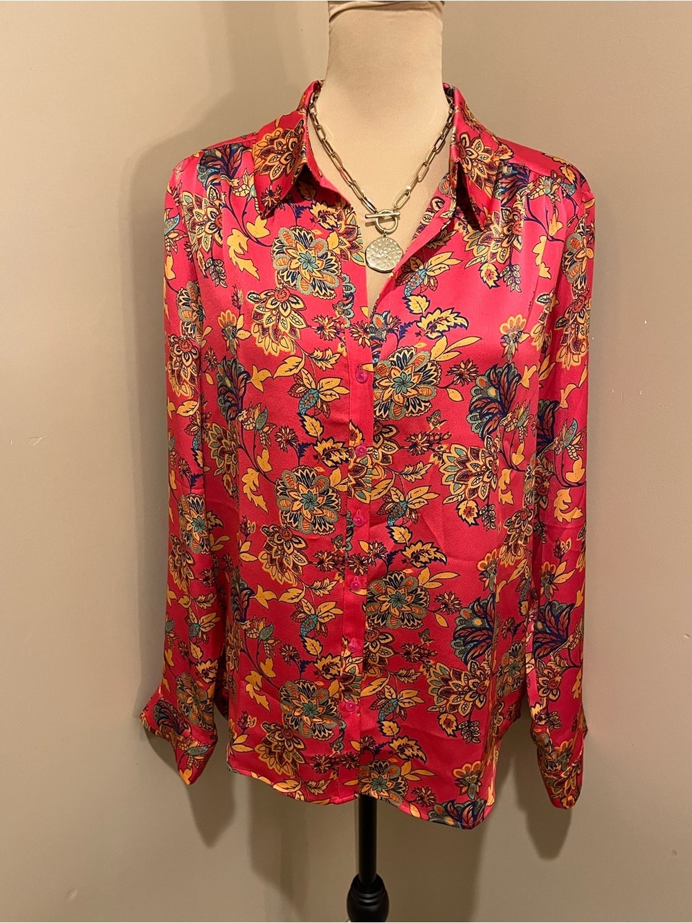Pleione Hot Pink Silky Floral Button-Down Shirt, XL